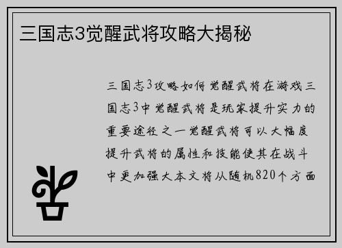 三国志3觉醒武将攻略大揭秘